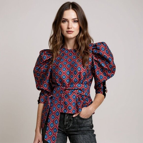 Hunter Bell Presley Top Ikat Rouge Puff Sleeve Blouse Gold Buttons Velvet Size 4 - Picture 1 of 16